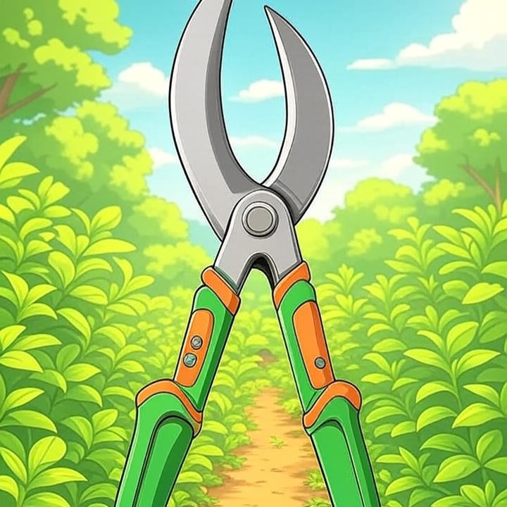 Gardening shears with green and orange handles on a background of green foliage and a clear sky.